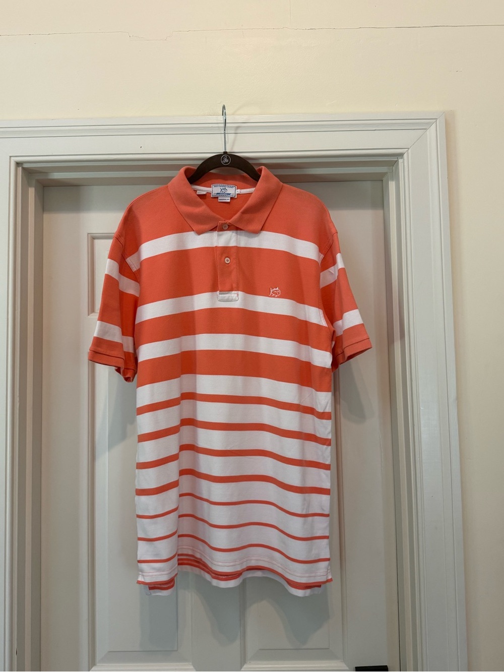 Southern Tide Men’s Striped Polo Shirt - Size Large; Coral & White